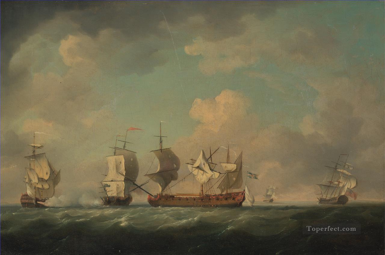 Charles Brooking The Capture of the Marquis d Antin and the Louis Erasme Naval Battle Oil Paintings